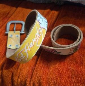 Vintage Y2K Ed Hardy Tattoo Print Leather Belt